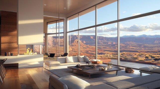 Modern living room with large windows overlooking Moab desert, neutral tones, sleek fireplace and comfortable seating