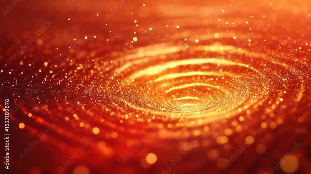 Wall mural abstract swirling vortex of golden particles on red background.