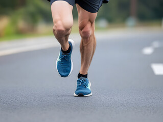 Fototapeta premium Running shoes male runner athletic legs road running blue sneakers fitness exercise outdoor workout jogging activity healthy lifestyle sportswear muscle tone motion blur asphalt surface endurance