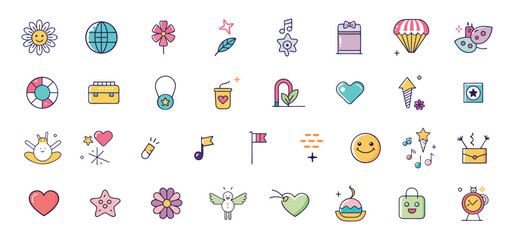 Fototapeta premium Cute hand drawn icon set featuring flowers hearts stars coffee cup and various other symbolic illustrations