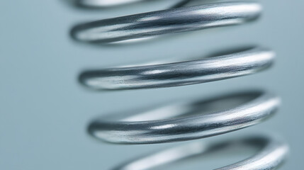 Closeup of metal spring stretched to its limit showing shiny silver coils with smooth texture and soft blue background creating calm and focused mood