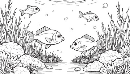 Fish Underwater Outline for Colouring Book