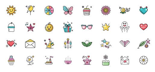 Delightful collection of cute and colorful hand drawn illustrations and icons perfect for design projects