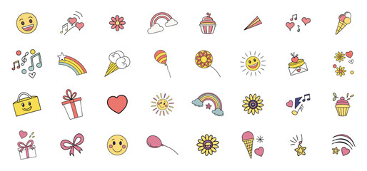 Delightful collection of hand drawn cartoon icons featuring hearts rainbows sunflowers and playful decorations.