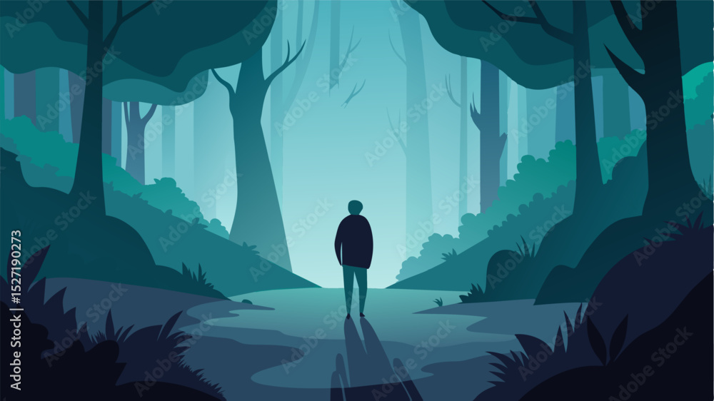 Poster an image of a person walking through a foggy forest representing the mystery and wonder of nature an