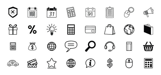 Hand drawn icon set featuring various business related symbols on white background for design purposes