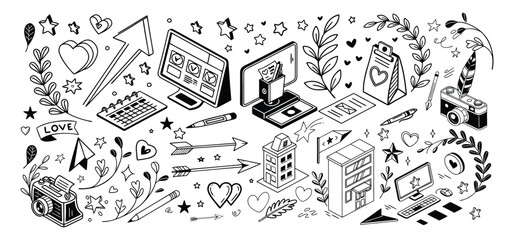 Naklejka premium Hand-drawn black and white doodles featuring hearts stars office buildings and technology elements.
