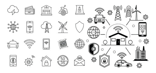 Illustrated line art concept showing various smart home technologies and related modern services.