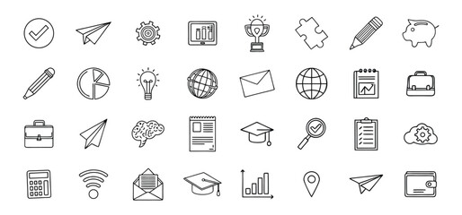 Various line drawn business icons symbolizing success finance education and communication on white background