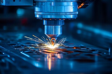 Laser Cutting Machine Precisely Cutting Metal Sheet with Bright Sparks in a Dark Industrial Setting