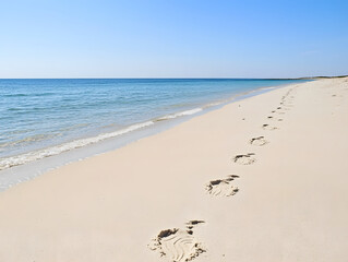 Fototapeta premium Quiet beach with footprints disappearing into horizon along smooth sand under clear blue sky, evoking peaceful and serene atmosphere