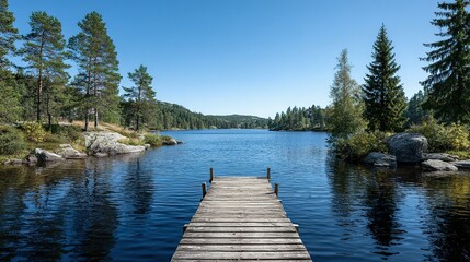 Tranquil wooden dock extending into a serene lake surrounded by lush forest.