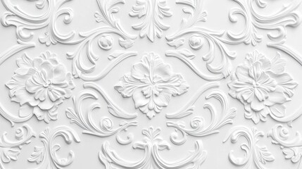 White ornate floral relief wall texture background.
