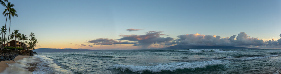Panoramic view of a tropical beach with palm trees, waves, and cloudy sky.