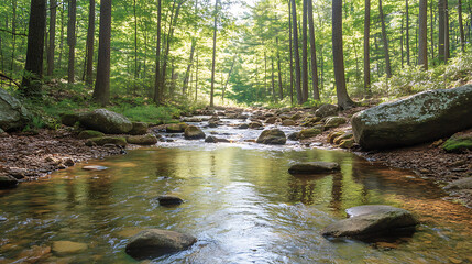 A serene river flowing through a lush green forest, a scene of natural beauty.