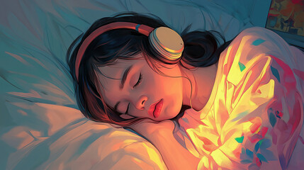 Girl Sleeping with Headphones – Listening to Music Illustration