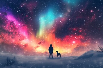 A solitary figure and a dog stand in a winter landscape under a vibrant night sky filled with colorful nebulae and aurora borealis