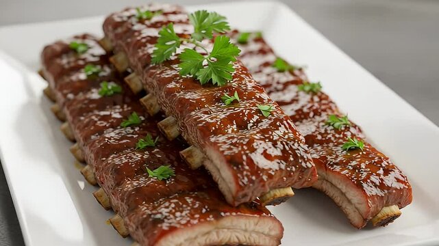 Barbecued Pork Ribs Glazed with Sauce Garnished with Parsley on a White Plate Culinary Presentation Close Up Delicious Mouthwatering Cuisine