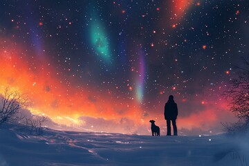 Fototapeta premium A solitary figure and a dog stand on a snow-covered landscape under a vibrant night sky, filled with colorful auroras and stars