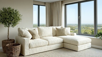 Obraz premium Light beige sectional sofa in a modern living room with large windows.