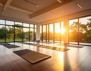 Fototapeta premium Sunlit yoga studio with large windows