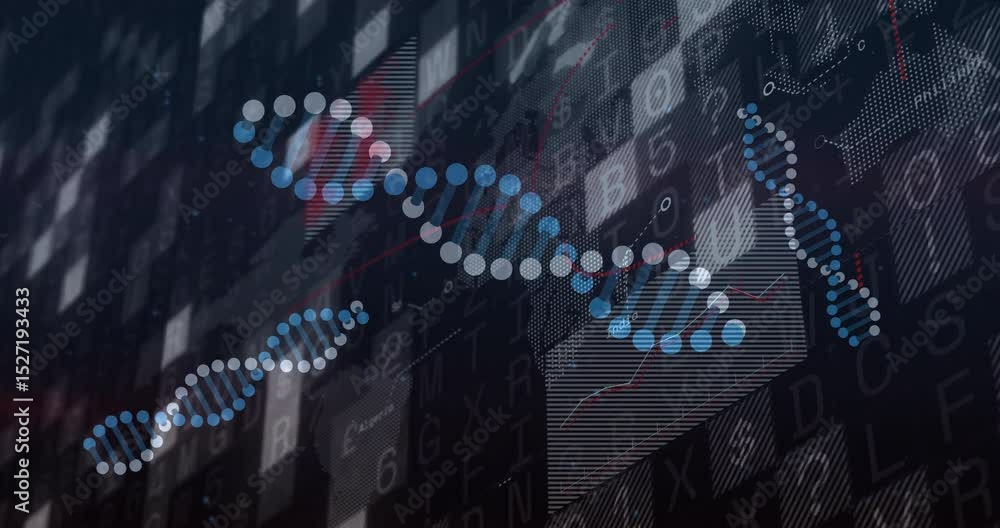 Poster flashing grid making dots forming helices drifting upward as chart pulsing red line showing data