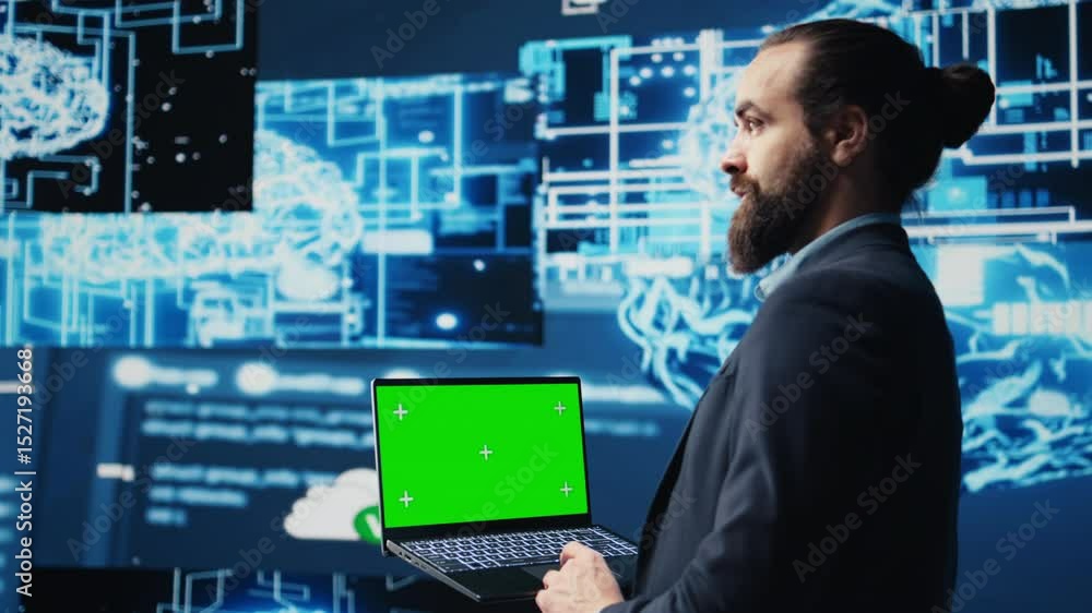 Poster professional man ensures artificial intelligence algorithms with mockup screen, working with ai brai