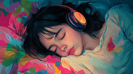 Girl Sleeping with Headphones – Listening to Music Illustration