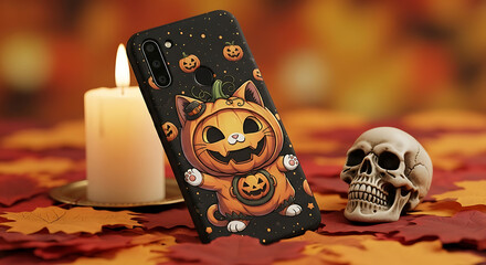 Adorable Halloween Cat Pumpkin Phone Case Design Spooky Cute Autumn Illustration