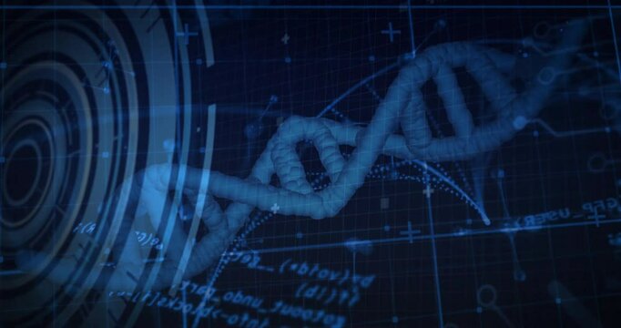 Grid showing DNA helix emerging, drifting to center, code scrolling HUD pulsing for data view