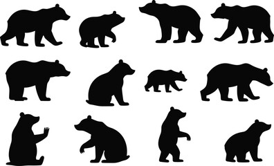 Collection of black bear silhouette vector icons in various poses, isolated on transparent background. Ideal for wildlife designs, logos, tattoos, and educational graphics.
