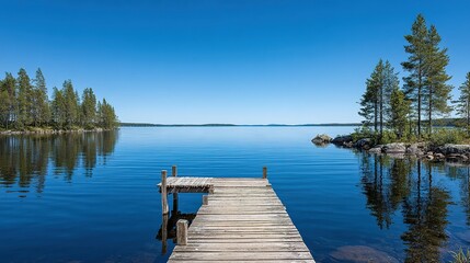 Fototapeta premium Serene lake scene with a wooden dock.