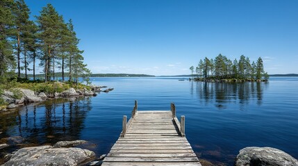 Tranquil lake scene with wooden pier and island.