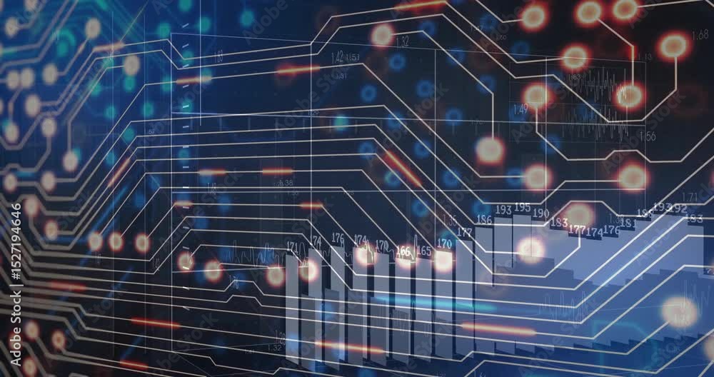 Poster circuit grid appearing initiating particles drifting, nodes pulsing, bar chart growing showing data