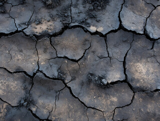 Obraz premium Dry cracked soil with dark coal residue particles scattered on surface, showing environmental dryness and drought effects in barren landscape