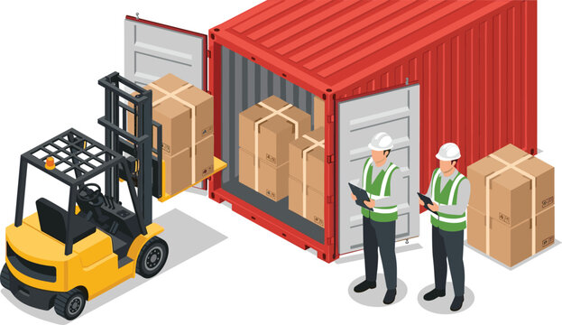 container loading Supervision and inspector concept worker with walkie talkie radio working shipping port isolated cartoon isometric isolated white background