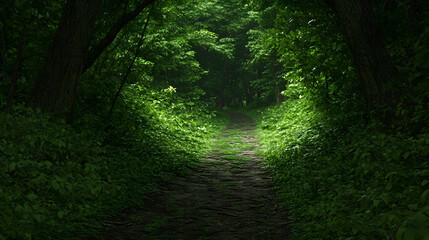 Dimly lit forest path surrounded by dense green foliage and tall trees, creating mysterious and ambient atmosphere with hidden watchers in shadows