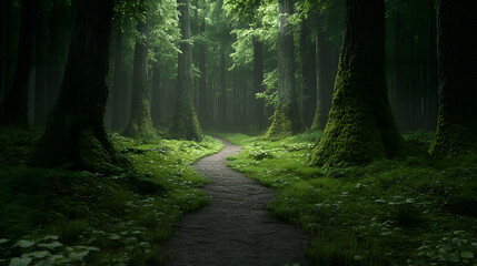 Obraz premium Dimly lit forest path winding through tall moss covered trees with lush green undergrowth creating mysterious and serene atmosphere in dense woodland