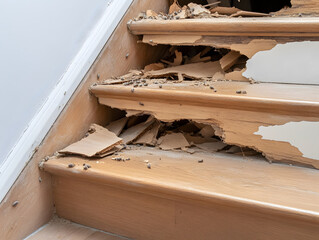 Termite damage wooden staircase wood decay pest infestation damaged wood home repair insect damage wood destruction interior damage close up view