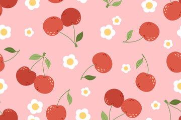 Summer seamless pattern with vector illustrations of fruits. Hand drawn healthy food set and cherry cartoon background.