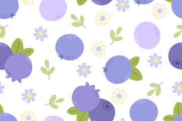 Summer seamless pattern with vector illustrations of fruits. Hand drawn healthy food set and blueberry cartoon background.