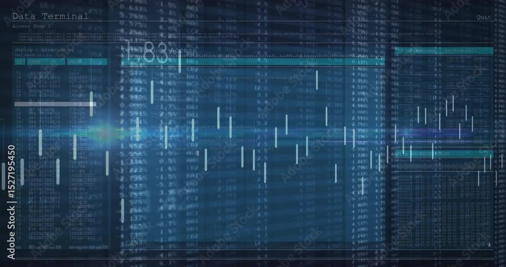 Poster data terminal deploying candlestick bars emerging and shifting for visualizing live analytics data