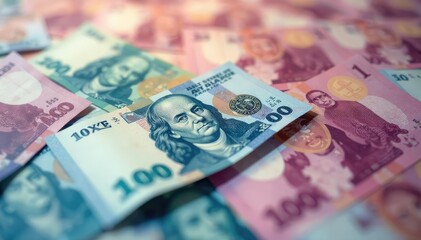 Abstract blurred banknotes, seamless backdrop, btc, currency