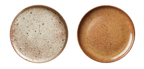 Two speckled ceramic plates, beige and brown.