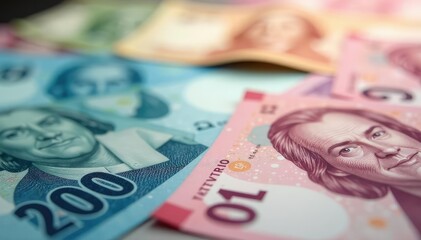 Abstract blurred money background, various banknotes, financial, design, close-up