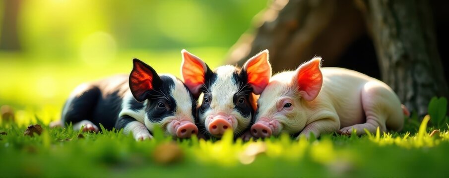 Trio of multicolored mini pigs napping in dappled sunlight beneath a tree , domestic, summer, harmony