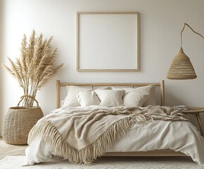 cozy boho bedroom featuring wooden bed, neutral bedding, and decorative elements