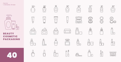Minimalist Cosmetic Containers Editable Stroke Icons of Beauty Cosmetic Packaging | Vector Line Art Icons for Skincare and Makeup Product Packaging