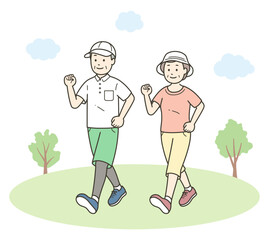 仲の良い老夫婦が公園で散歩を楽しんでいる全身イラスト