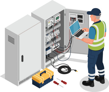 Electrical technician fixing a PLC control cabinet in a smart factory, isometric isolated cartoon